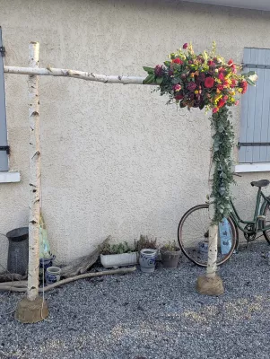 Grande arche florale de mariage, style champêtre bohème, avec eucalyptus, roses rouges, dahlias et branches de bouleau.