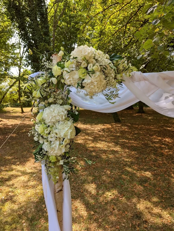 Floral arch decorated with white hydrangeas, cream ranunculus, and varied green foliage, draped with fabric, outdoor ceremony.