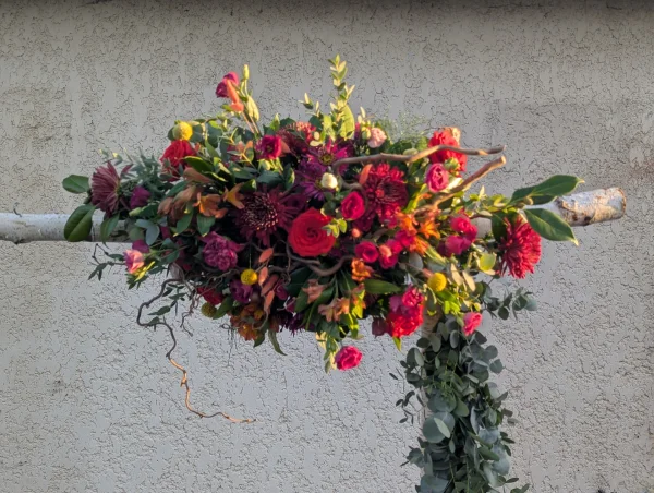 Arche florale bohème champêtre pour mariage, avec roses rouges, dahlias bordeaux et feuillage eucalyptus vert.