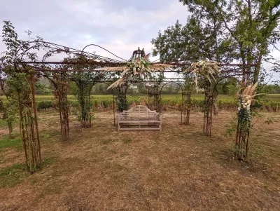 Arche de mariage bohème spectaculaire avec pampa, roses et eucalyptus, installée au Château de Garde à Moulon.