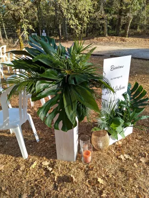 Panneau de bienvenue de mariage entouré de grandes compositions de feuillage tropical sur des colonnes blanches.