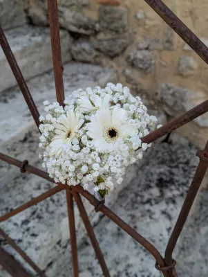 Bouquet de mariée à lancer, composé de gerberas blancs et de gypsophile, idéal pour la tradition du lancer