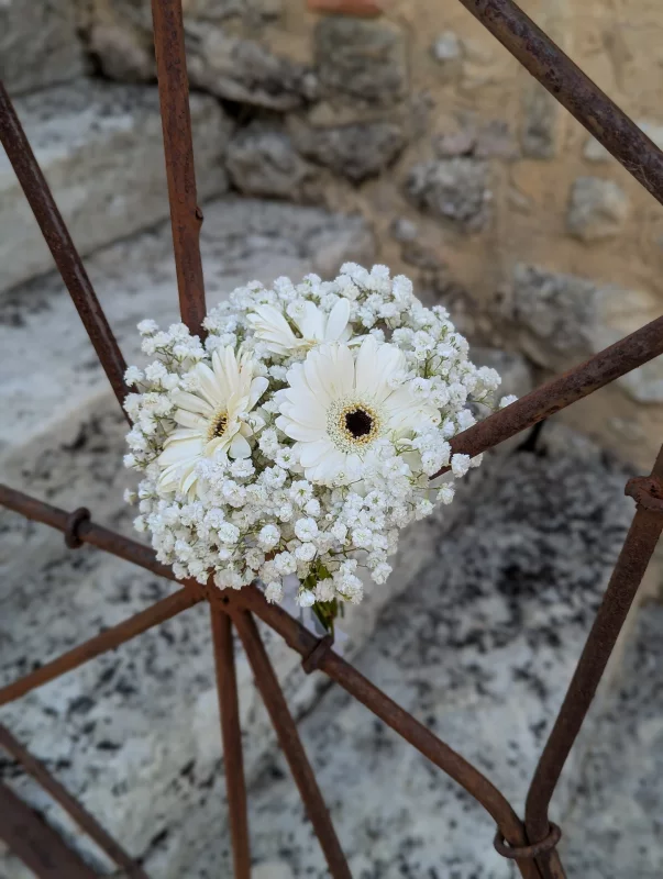Bridal toss bouquet, featuring white gerberas and gypsophila, ideal for the tradition.