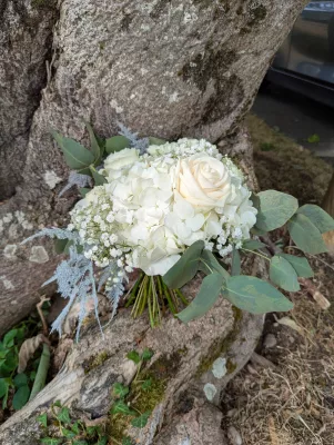 Sophisticated country-style toss bouquet with white hydrangea, rose, and eucalyptus.
