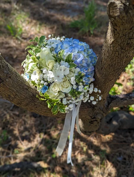Bouquet à lancer classique avec hortensia bleu, roses crème, gypsophile pour mariage.