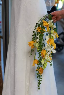 Bouquet de mariée cascade élégant avec freesias jaunes et blancs, et feuillage vert retombant.