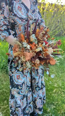 Sophisticated Rustic Bridal Bouquet with Terracotta Hydrangeas, Orange Dried Flowers and Eucalyptus