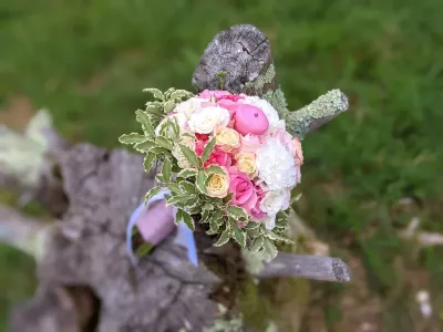 Bouquet de mariée classique avec roses roses, crèmes et jaunes clairs, carnations blanches et feuillage panaché pour un mariage à Arsac.