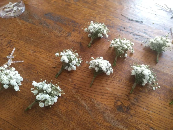 Boutonnière de marié style champêtre avec gypsophile blanc et feuillage vert pour le mariage de Mandy à Saint-Médard-en-Jalles.