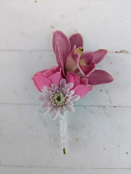 Romantic organic buttonhole with fuchsia pink orchid, pale pink rose, and cream white chrysanthemum.