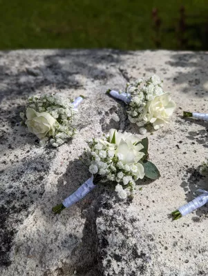 Boutonnières délicates style champêtre composées de roses blanches, gypsophile et feuillage vert pour un mariage.