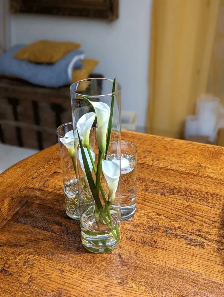 Centre de table moderne et minimaliste pour un mariage, avec des arums blancs disposés dans des vases cylindriques en verre.