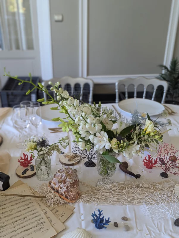 Sophisticated Rustic Table Centrepiece with white lisianthus, thistles and foliage, nautical theme, wedding.