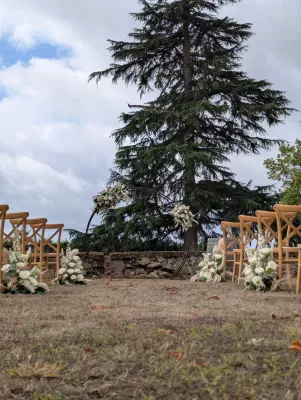 Vue d'ensemble de la cérémonie de mariage bohème avec arche florale et décorations d'allée, roses et pampa.