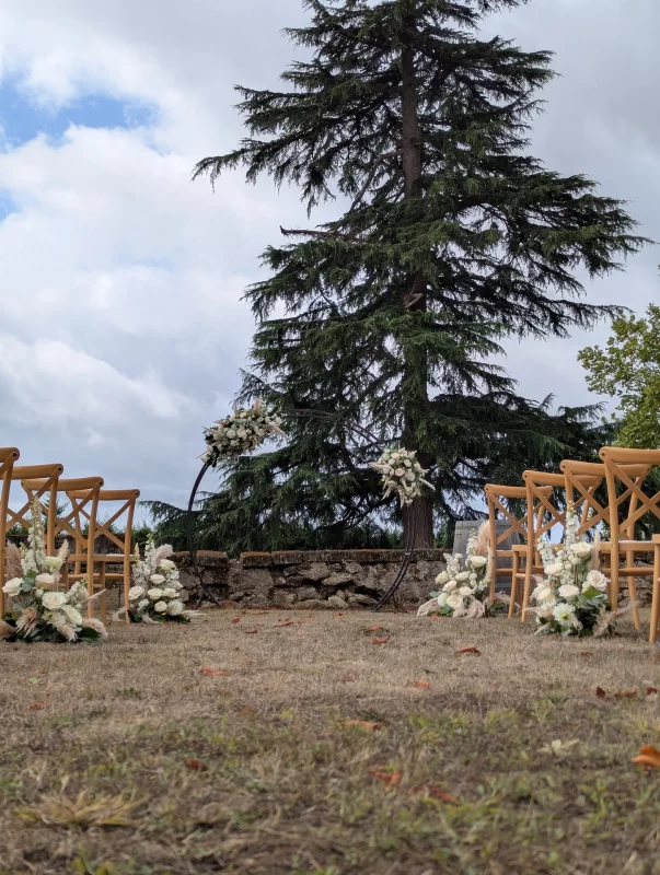 Vue d'ensemble de la cérémonie de mariage bohème avec arche florale et décorations d'allée, roses et pampa.