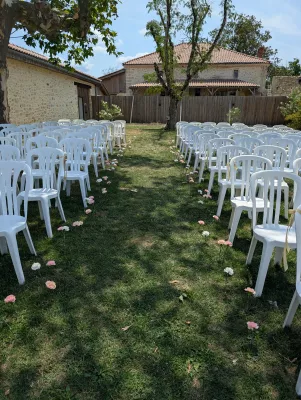 Outdoor ceremony aisle decorated with pink and white rose petals, sophisticated country-style.