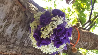 Boule florale suspendue mélangeant eustomas violets et gypsophile blanc, apportant une touche de douceur à la décoration de mariage.