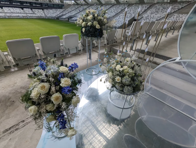 Bordeaux Wedding Ceremony Decoration with Roses, Hydrangeas and Delphiniums