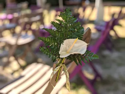 Décoration de chaise de mariage style exotique, avec un anthurium blanc et un bouquet de fougères vertes.