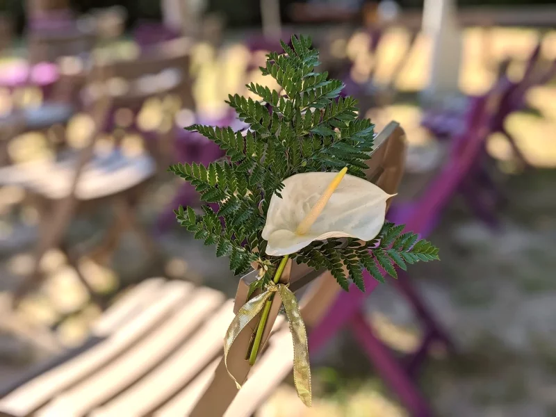 Wedding chair decoration in an exotic style, with a white anthurium and a bouquet of green ferns.