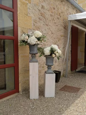Deux colonnes décoratives avec compositions florales d'hortensias blancs et roses, idéales pour un mariage champêtre ou classique en extérieur.