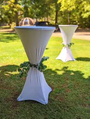 Décoration de tables hautes d'extérieur avec guirlandes d'eucalyptus, ambiance champêtre pour un mariage.