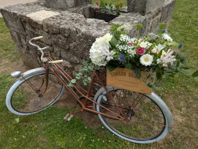 Décoration de vélo vintage avec une caisse de fleurs contenant hortensias, roses, chardons et gypsophile pour un mariage champêtre.