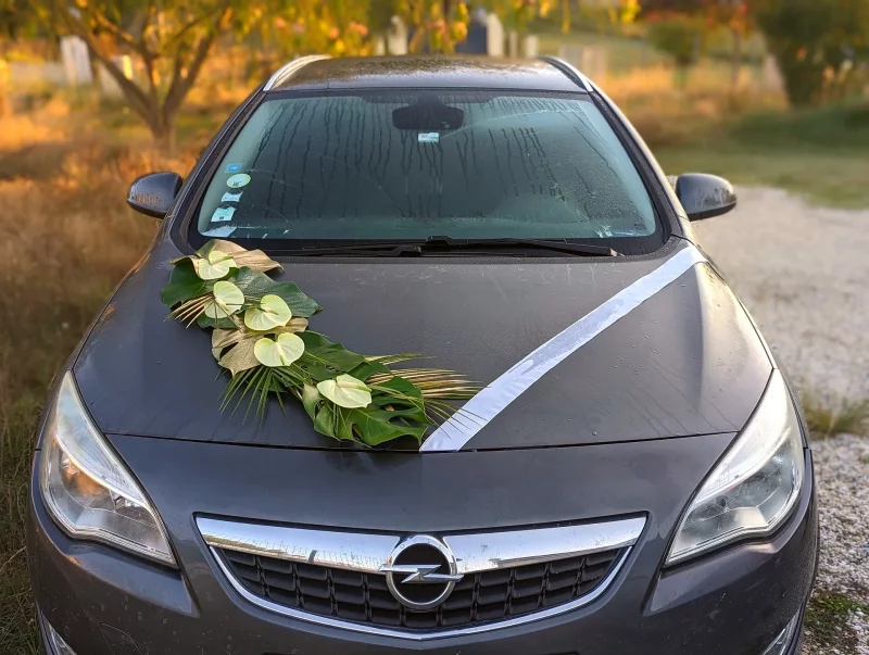 Décoration de voiture style exotique avec anthuriums blancs, feuilles de monstera et palmiers dorés pour un mariage.
