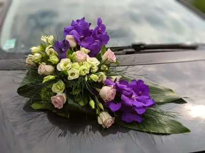 Décoration florale de voiture de mariage classique, avec des orchidées Vanda violettes, des roses et du feuillage vert.
