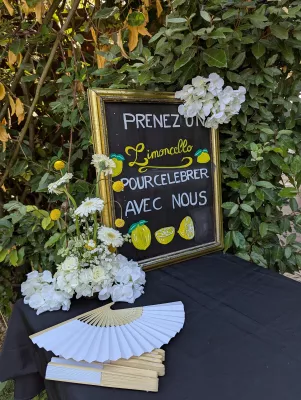 Panneau de bienvenue de mariage champêtre avec hortensias blancs, craspedias jaunes et gypsophile pour un mariage d'été