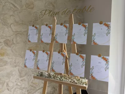 Présentation du plan de table sur chevalet en bois, agrémenté de gypsophile à la base pour un mariage.