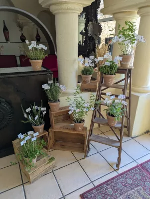 Plan de table champêtre, pots d'herbes aromatiques, pour guider les invités du mariage, ambiance naturelle.