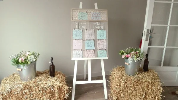Plan de table de mariage champêtre, avec marguerites, roses pâles, gypsophile et feuillage vert dans des seaux galvanisés.