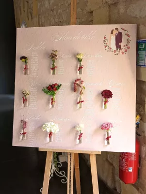 Plan de table de mariage créatif avec des petits bouquets de fleurs variés et rubans bordeaux, thème champêtre, pour le mariage à La Cueva.