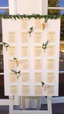 Plan de table de mariage décoré avec de petites roses poudrées, gerbera et eucalyptus, dans un style bohème et frais.