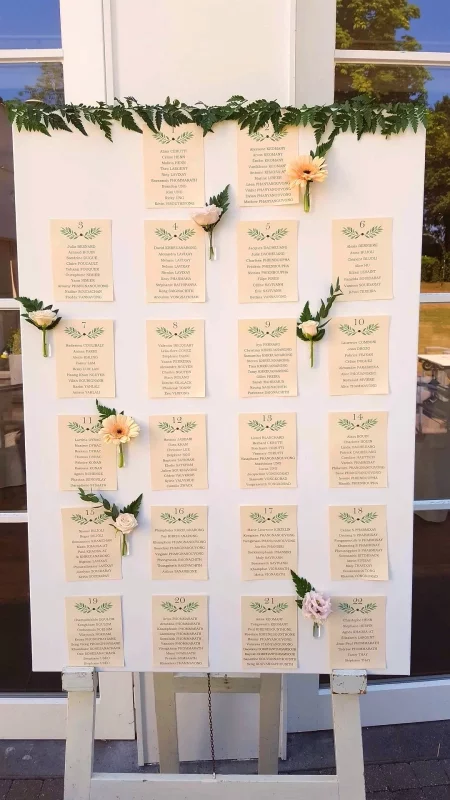 Wedding seating plan adorned with delicate dusty pink roses, gerbera and eucalyptus, in a bohemian and fresh style.